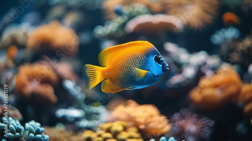  A colorful fish with blue and yellow hues, surrounded by vibrant coral and other sea life in the background © Jevjenijs