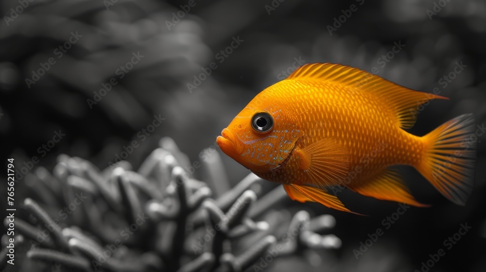 A macro shot of a fish surrounded by vegetation, with a monochrome image in the front A macro shot of a fish surrounded by vegetation, with a monochrome image in the front