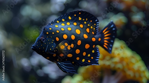  Black and orange fish with orange spots in a close-up, against a tree in the background