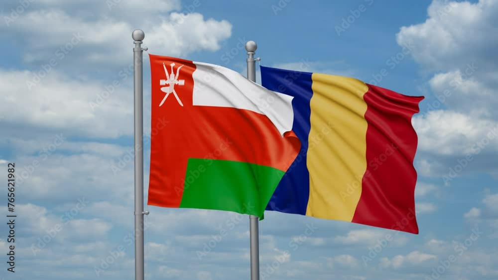 Romania and Oman two flags waving together, looped video, two country cooperation concept Romania and Oman two flags waving together, looped video, two country cooperation concept