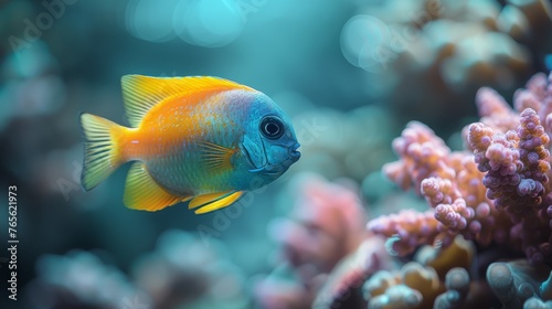  A close-up picture of a fish swimming amidst colorful corals and sea creatures