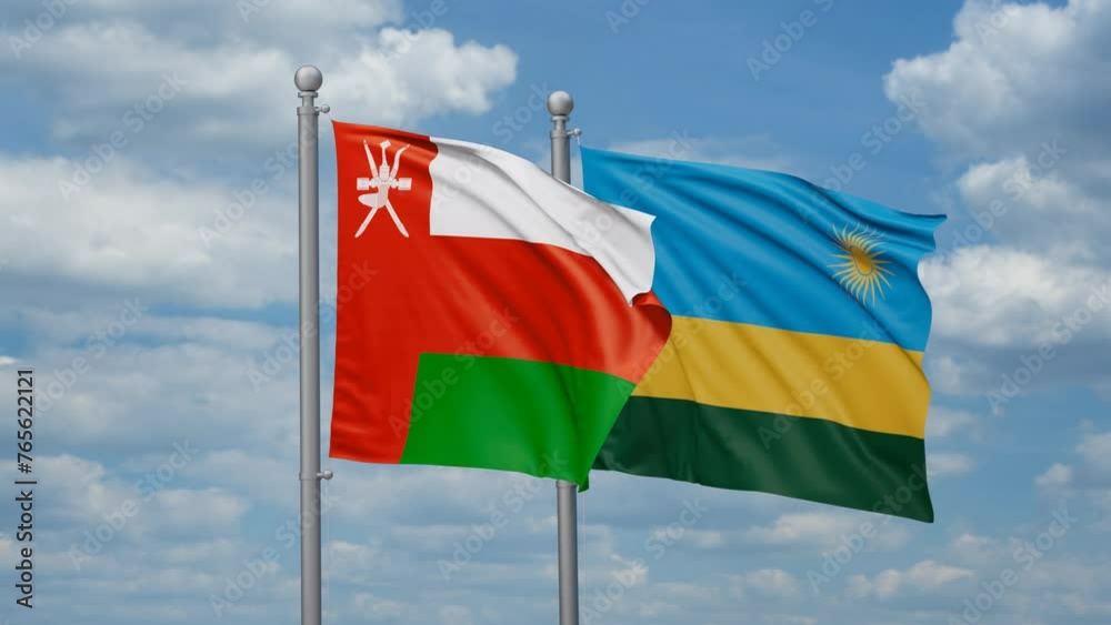 Republic of Rwanda and Oman two flags waving together, looped video, two country cooperation concept Republic of Rwanda and Oman two flags waving together, looped video, two country cooperation concept