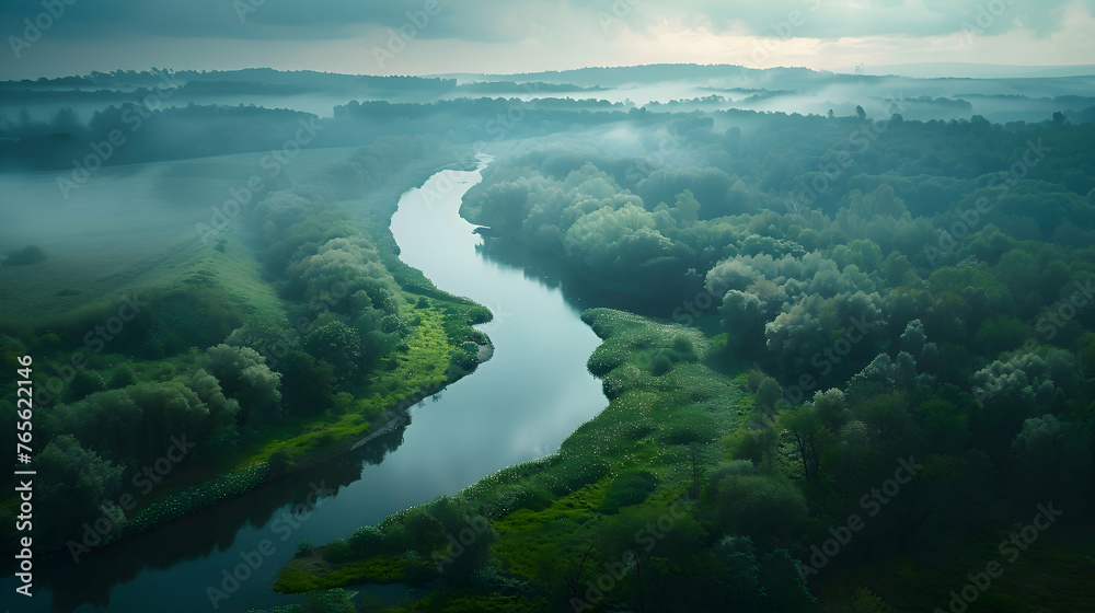 A tranquil river winding through lush green countryside A tranquil river winding through lush green countryside