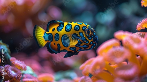  Yellow-blue fish, coral reef with diverse corals as background © Jevjenijs