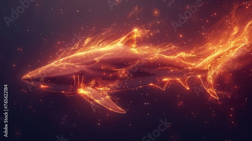  A digital image of a shark swimming in fiery water with its jaws agape