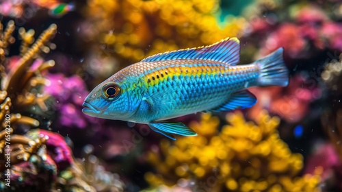  A detailed shot of a vivid blue-yellow fish amidst colorful coral reefs, with pink and yellow flowers as a captivating backdrop © Jevjenijs