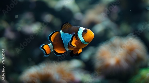  Two clownfish, one orange and one white, swim in a coral reef