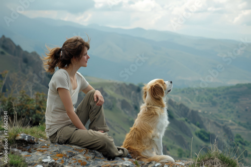 woman and dog sit on the mountainside and look into the distance © SERGEY