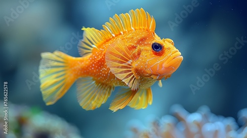  A close-up image of a golden fish in an aquarium, surrounded by vibrant coral reefs and crystal-clear water
