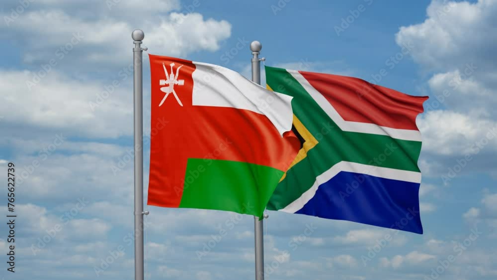 Republic of South Africa and Oman two flags waving together, looped video, two country cooperation concept Republic of South Africa and Oman two flags waving together, looped video, two country cooperation concept