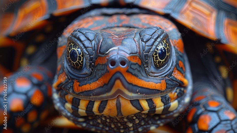 Close-up of a turtle with orange and black stripes on its body and head Close-up of a turtle with orange and black stripes on its body and head