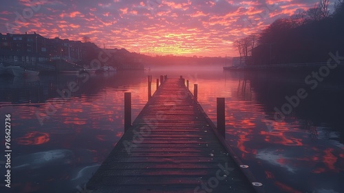  A pier jutting into a lake with the sun descending behind the horizon and white wisps overhead