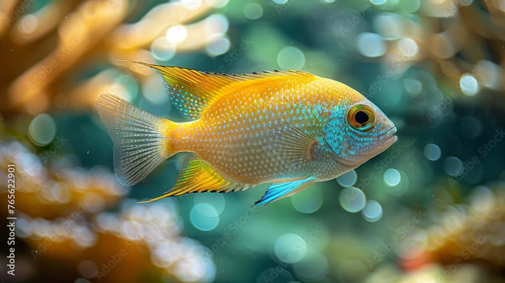 A photo of a blue and yellow fish in an aquarium, close-up, with bubbles in the background A photo of a blue and yellow fish in an aquarium, close-up, with bubbles in the background