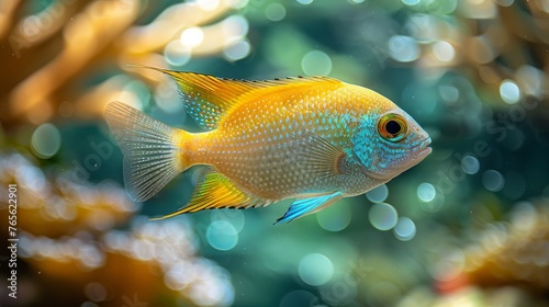  A photo of a blue and yellow fish in an aquarium, close-up, with bubbles in the background