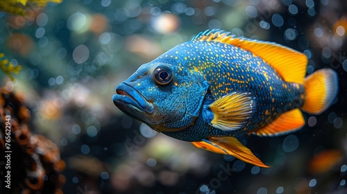  Blue-yellow fish in aquarium with bubbles, trees in background