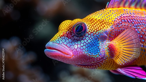  close-up of a vividly colored fish against a dark backdrop with a sharp focus on the fish and a subtle blur in the background to suggest depth and distance