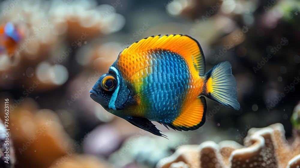 Blue and yellow fish, close-up, coral background, water Blue and yellow fish, close-up, coral background, water