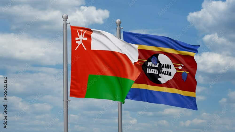 Eswatini aka Swaziland and Oman two flags waving together, looped video, two country cooperation concept Eswatini aka Swaziland and Oman two flags waving together, looped video, two country cooperation concept