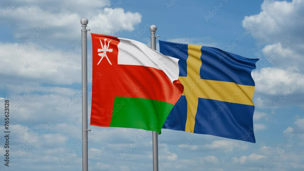 Sweden and Oman two flags waving together, looped video, two country cooperation concept Sweden and Oman two flags waving together, looped video, two country cooperation concept