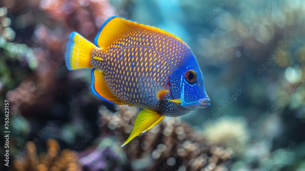detailed shot of a vibrant blue and yellow fish swimming amongst colorful coral and crystal-clear water detailed shot of a vibrant blue and yellow fish swimming amongst colorful coral and crystal-clear water