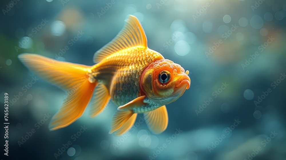   a goldfish with a sharp focus on its eyes and surroundings, against a plain background