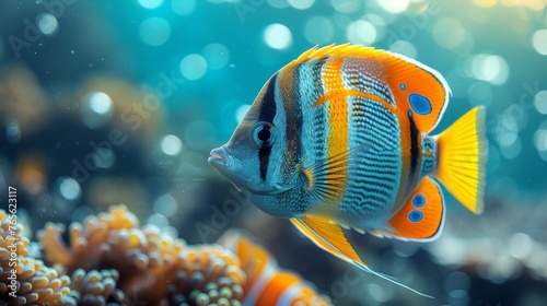  A close-up image of a blue and yellow fish swimming among vibrant coral reefs with crystal clear water in the background