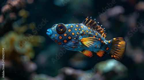  A detailed portrait of a vibrant blue-and-orange fish, adorned with orange spots on its body against a dark backdrop © Jevjenijs