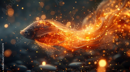  A detailed shot of a fish swimming in water with numerous glittering gold particles nearby