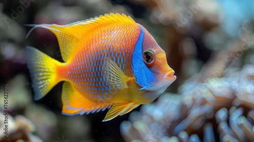  Blue and yellow fish on coral background