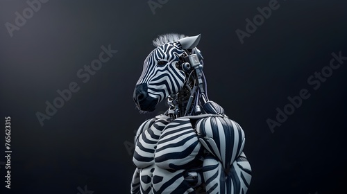 Zebra-Inspired Futuristic Cyborg Transformation - Striking Monochrome Portrait