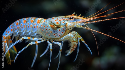  A focused image of a shrimp exhibiting orange and white spots on its head and legs against a dark background