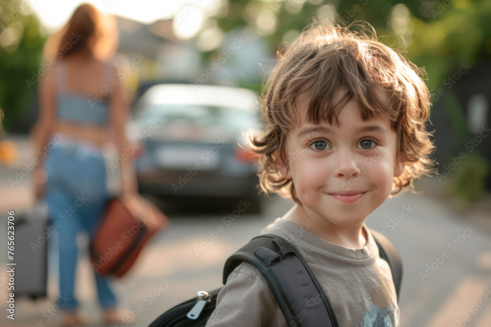 portrait of a child, against the background of parents who are about to go on vacation