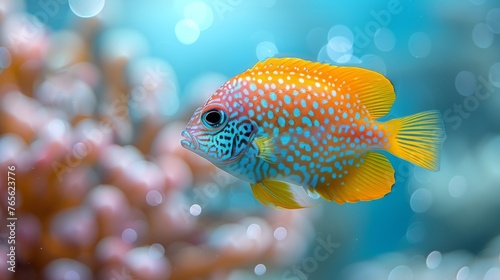  a blue-yellow fish surrounded by corals and water bubble background