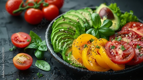  A black surface with avocado, basil, sliced tomatoes, and whole tomatoes