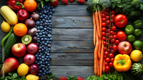 A rectangular arrangement of various fruits and vegetables on a wooden planked surface
