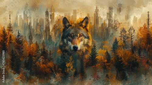  Wolf in a forest with tall buildings in the background and trees in the foreground