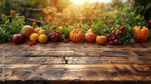  A wooden table laden with various fruits and veggies, beside an orange and tomato field