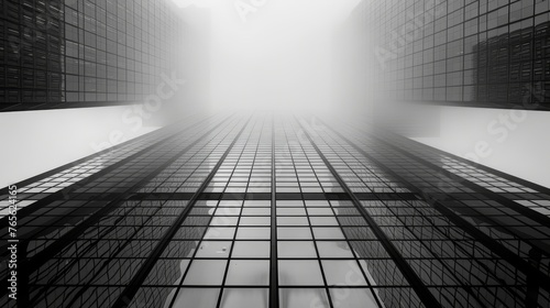  A monochrome image of a skyscraper with numerous windows and hazy atmosphere