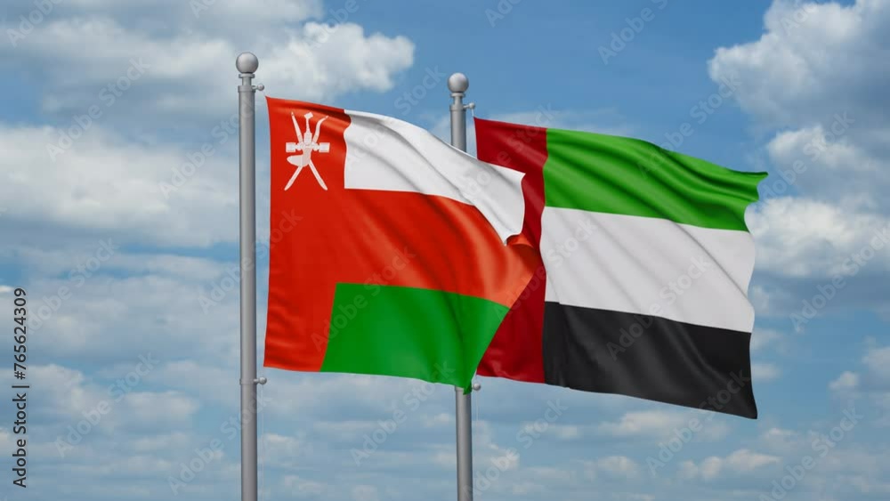 United Arab Emirates and Oman two flags waving together, looped video, two country cooperation concept United Arab Emirates and Oman two flags waving together, looped video, two country cooperation concept