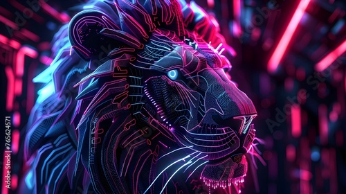 Fierce Cybernetic Lion Roaring in Glowing Neon Dreamscape