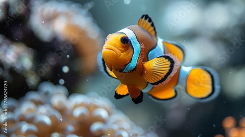  A detailed shot of a clownfish swimming with other aquatic creatures in its tank, surrounded by observers in the backdrop