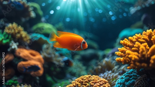 A fish on a coral with sunbeams
