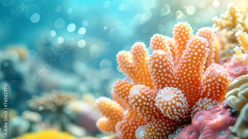  Close-up image of coral with numerous small white spots atop and beneath