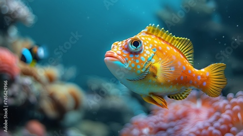  A macro shot of a school of tropical fish swimming around vibrant coral reefs © Jevjenijs