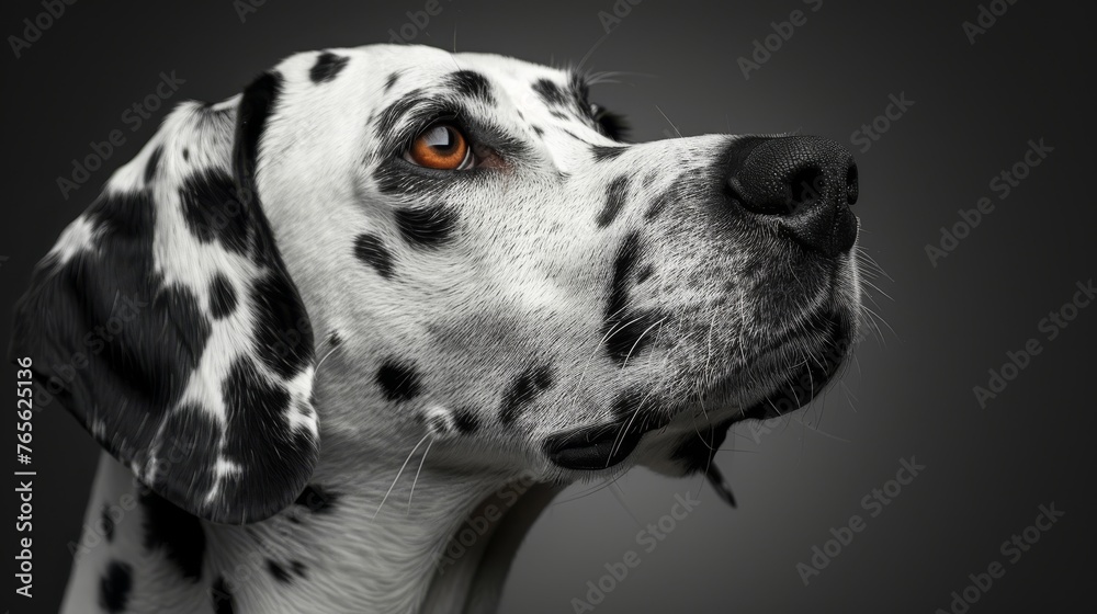  A Dalmatian's close-up face with a black-and-white spot