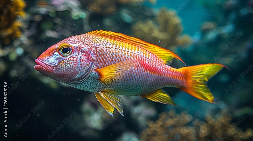 Close-up of a fish in an aquarium surrounded by coral and marine life in the water Close-up of a fish in an aquarium surrounded by coral and marine life in the water