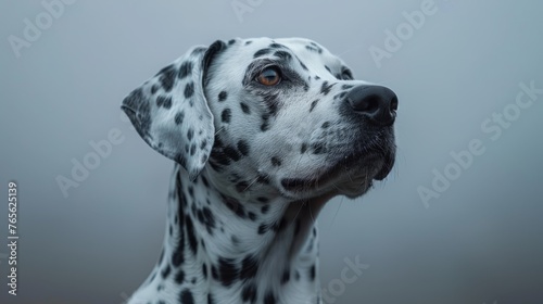  Close-up image of Dalmatian dog's face facing away, against gray background © Jevjenijs