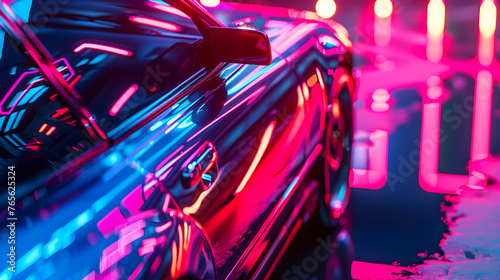 Glowing neon lights reflecting off a glossy car hood