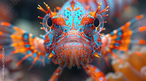  A sharp image of an orange-blue fish's head and body, set against a clearer background of corals