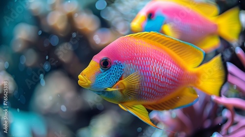  focused photo of vibrant fish swimming near coral in an aquarium setting with additional coral elements in the background